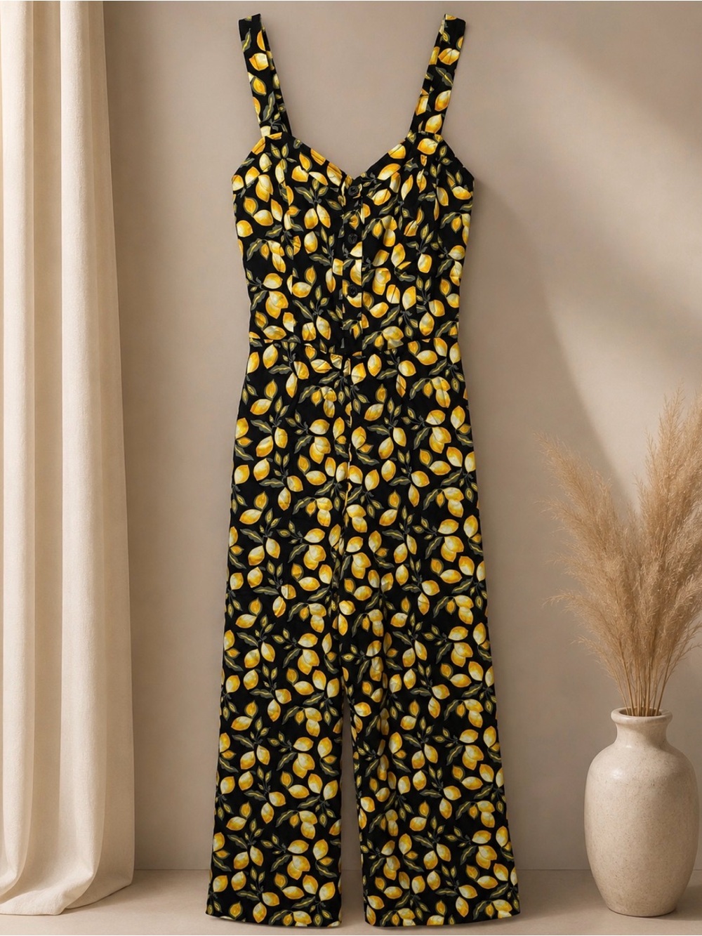 Sleeveless Lemon-Print Jumpsuit in Black and Yellow